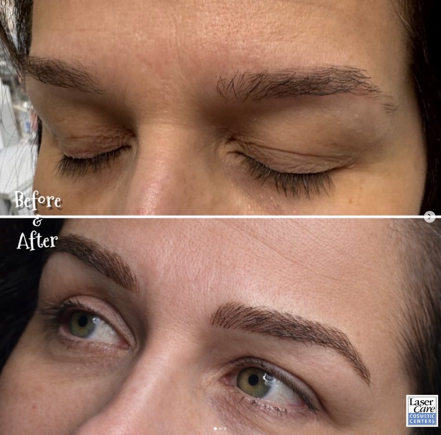 Before and after brow lamination and tint treatment
